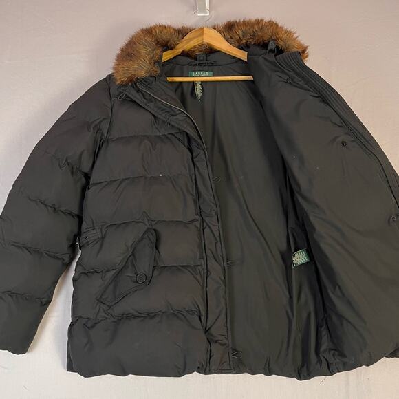 Ralph Lauren Black Quilted Down Puffer Coat Womens Large Removable Fur Trim - Picture 5 of 12
